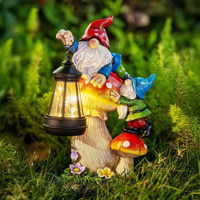 Solar Garden Statue Gnomes Figurine Lights,Funny Gnomes Standing on Mushrooms with Lanterns, with Lanterns Outdoor Yard Decorations for Patio Porch Home, Garden Gifts for Women Mom by GreenHaven Gardens