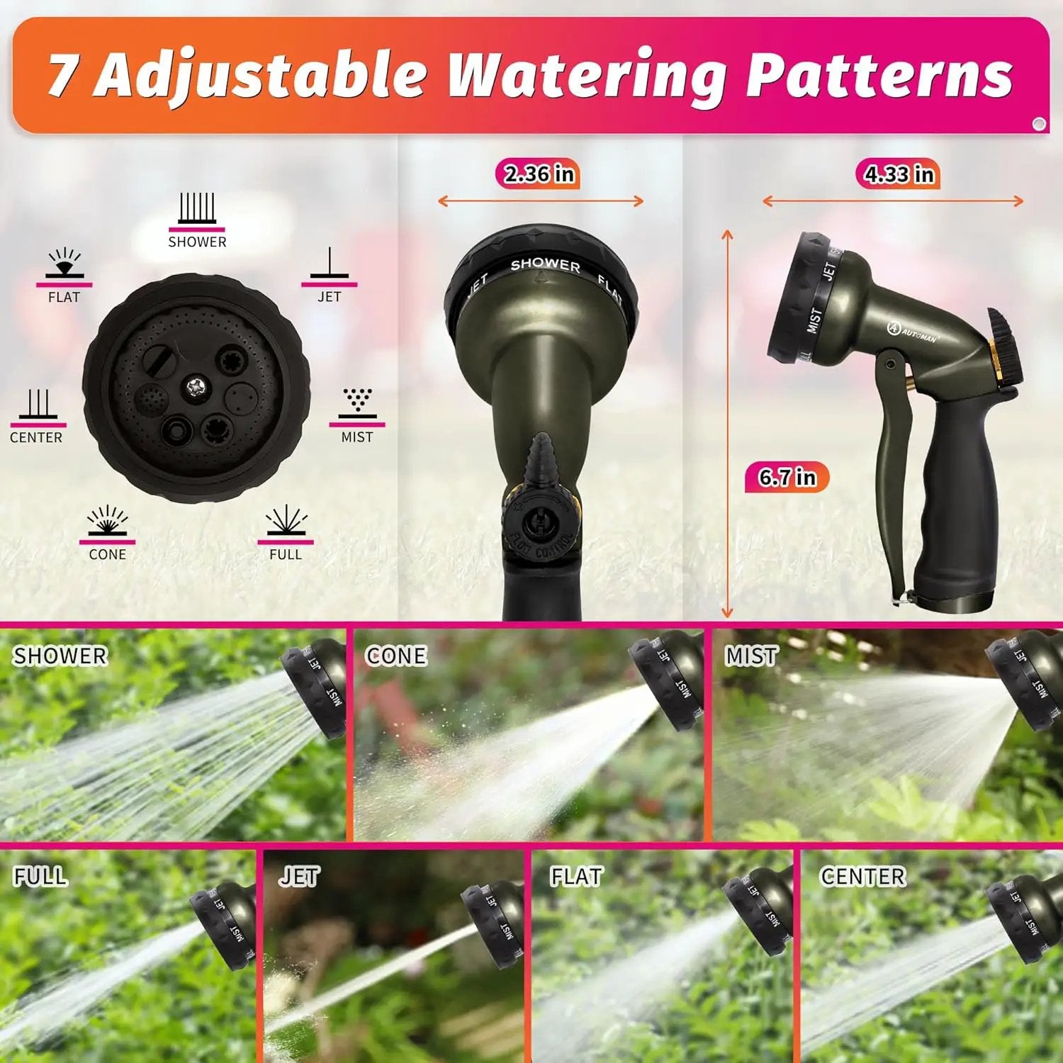 AUTOMAN Garden Hose Nozzle - 7 Patterns Sprayer, 100% Metal High Pressure Spray Nozzle, Labor-Saving Design, Heavy Duty Water Hose Nozzle for Garden Watering, Car Washing, Window Cleaning,Pets Bathing by GreenHaven Gardens