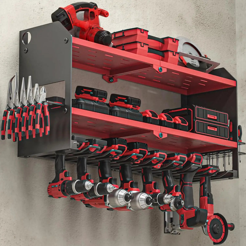 YYR Power Tool Organizer Wall Mount, Cordless Drill and Battery Holder, Electric Tools Hanger Storage Rack with Charging Station, Garage Organization Floating Shelf - Made of Heavy Duty Metal, Red by GreenHaven Gardens
