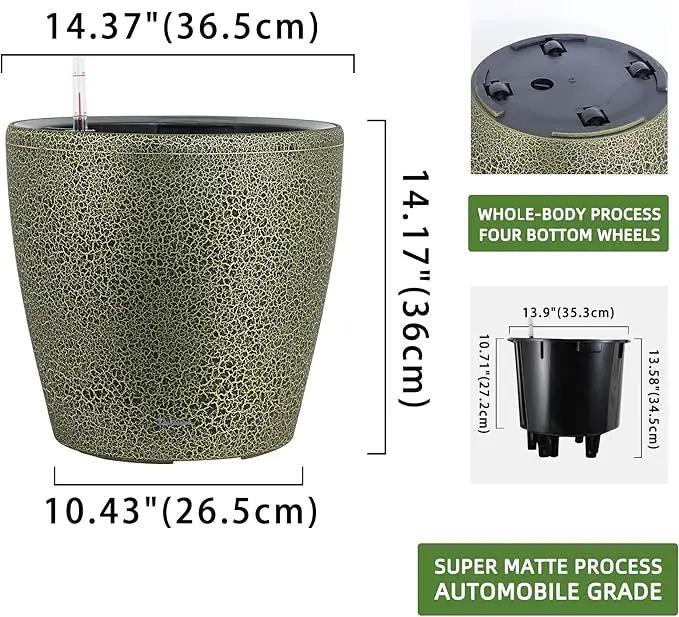 Dexceder 15x14 Self Watering Planter with Wheels Indoor Outdoor, Inner Pot Design, Thickened Large Floor Standing Flower Plant Pot with Water Level Indicator (Black Gold Crackle) by GreenHaven Gardens