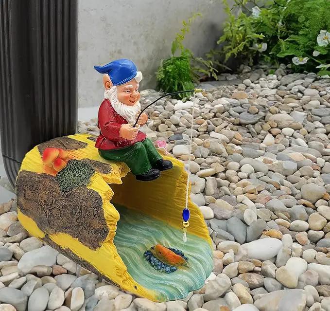 Gnome Fishing 3" x 4" Gutter Downspout Splash Block Decor, Outdoor Garden Animal Statue & Sculpture, Weather-Resistant Gutter Diverter Rain, Decorative Gutter Extension Downspout Ornament by GreenHaven Gardens