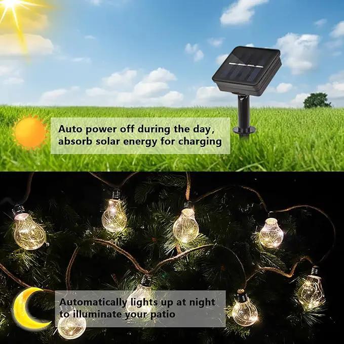 30FT Solar String Lights Outdoor Waterproof with Remote, 20 Edison Shatterproof Bulbs String Lights for Outside, Hemp Rope Solar Powered Lights with 8 Modes for Fence Tree Cafe Bistro Party by GreenHaven Gardens