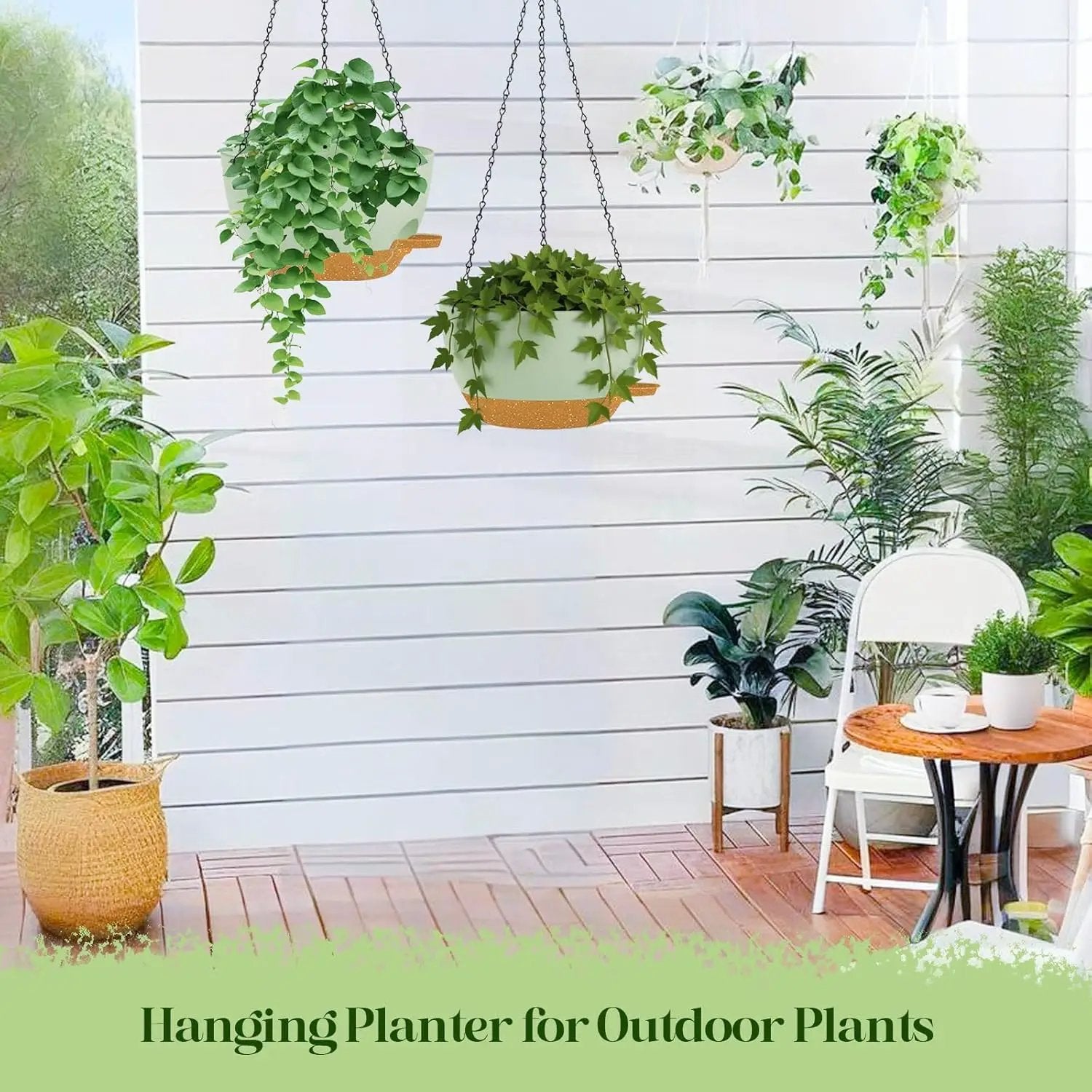 10 Inch Hanging Planters with Chains 2 Pack Self Watering Green Brown Plastic Hanging Pots for Indoor Outdoor Plants, Garden Porch Home Decor (Green Brown) by GreenHaven Gardens