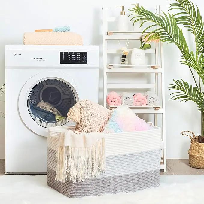 MINTWOOD Design 22in Extra Large Blanket Basket Holder Living Room, Rectangle Rope Woven Storage Basket with Handles for Laundry, Pool Towels, and Shoes, Dog Toy Organizer Bin Box, 3-Tone Light Gray by GreenHaven Gardens