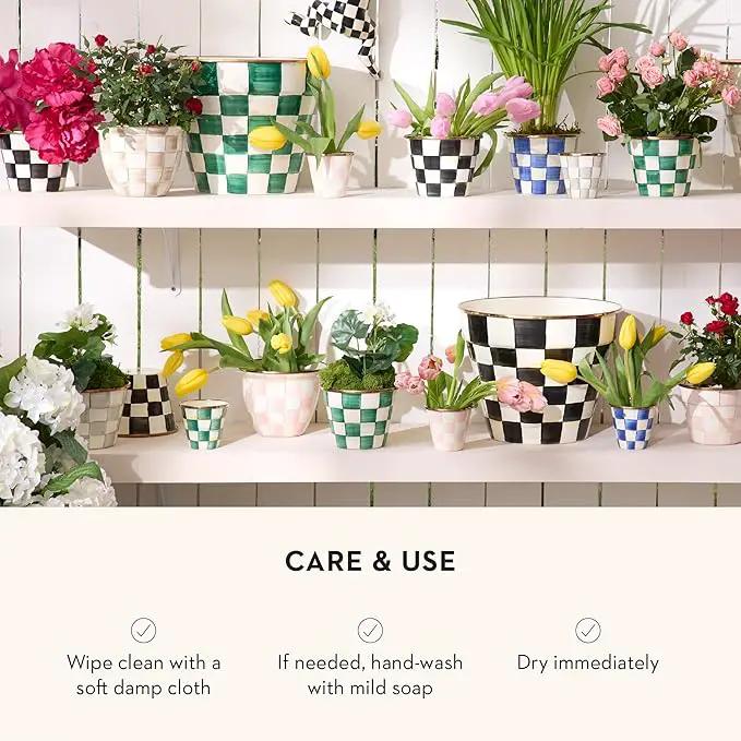 MACKENZIE-CHILDS Enamel Garden Pot, Decorative Pot for Plants, Outdoor Flowerpot Decor, Extra Large, Green-and-White Emerald Check by GreenHaven Gardens