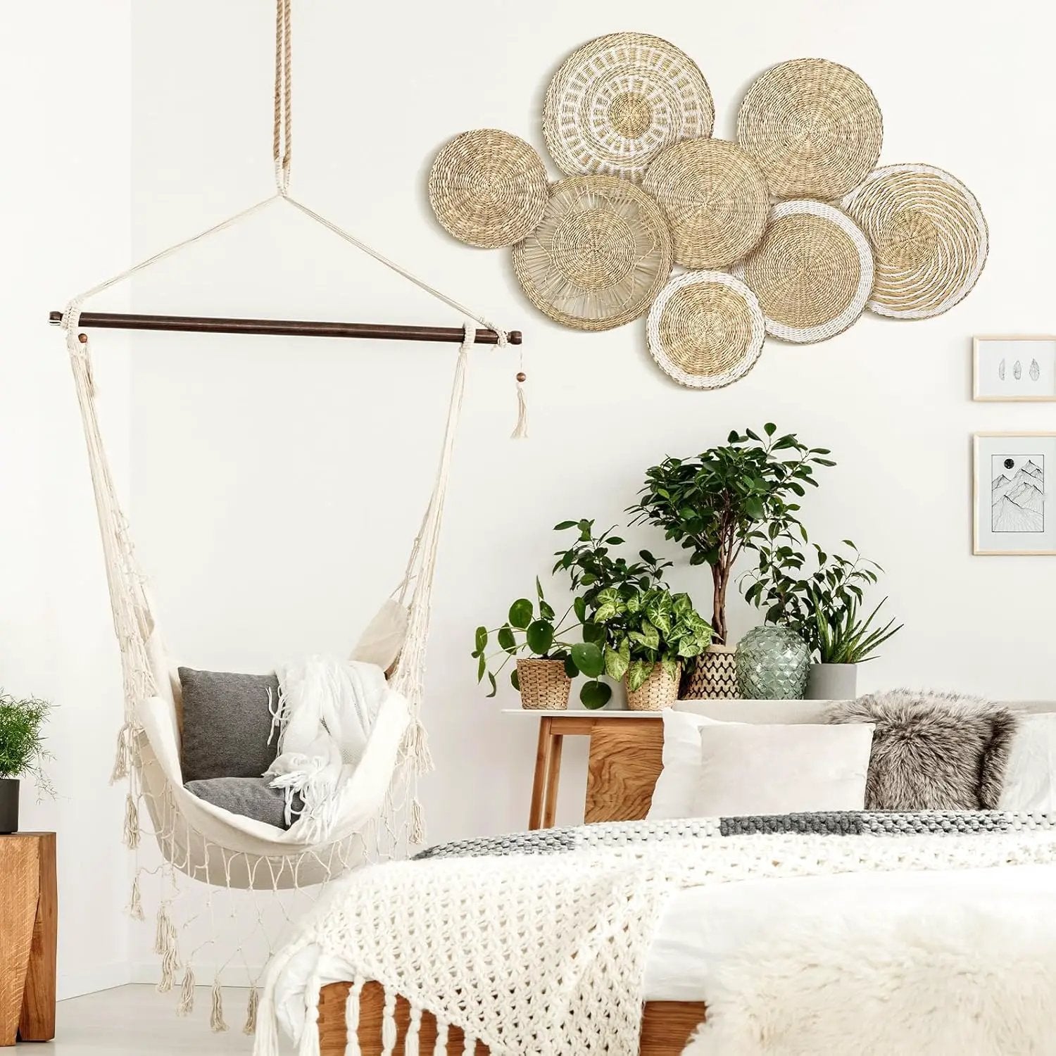 Xuhal Set of 8 Hanging Woven Wall Basket Handmade Decorative Rustic Boho Basket Decor Handcrafted Wicker Round Seagrass Wall Art for Home Kitchen Farmhouse Table Living Room by GreenHaven Gardens