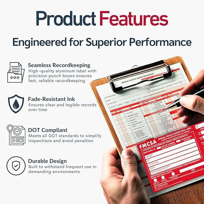 100 Pack Buck Aluminum Annual Vehicle Inspection Label with Punch Boxes, 2 Mil Red FMCSA Self Adhesive Sticker, DOT Compliant, Weatherproof, Tear Resistant, Easy to Write On, 6" x 3.5" - Made in USA by GreenHaven Gardens