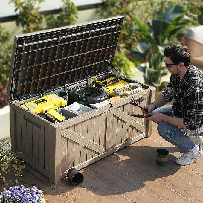 YITAHOME 120 Gallon Large Deck Box, Upgraded Resin Outdoor Storage Boxes w/Flexible Divider, Waterproof Cushion Storage Bench for Patio Furniture, Pool Supplies, Garden Tools - Lockable, Taupe by GreenHaven Gardens