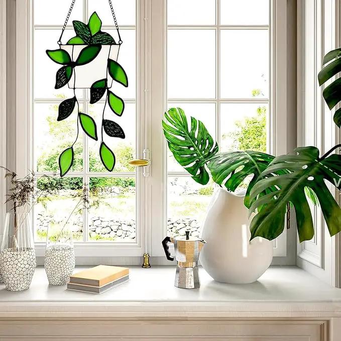 Stained Glass Window Hanging Green Plant Window Suncatcher Handcrafted Green Faux Plant Window Wall Glass Panel Decor for Plant Lovers,Unique Home Indoor&Outdoor Decor by GreenHaven Gardens
