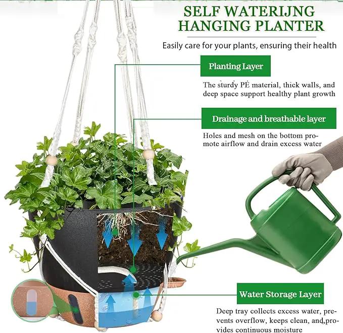 10 Inch Hanging Planters for Indoor Plants, 2 Pack Self Watering Hanging Baskets Flower Pots with Drainage Hole, Visual Reservoir & 2 Kinds of Plant Hanger for Outdoor Garden Home Decor by GreenHaven Gardens