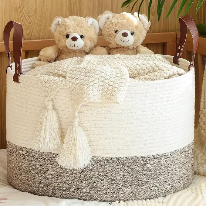 KAKAMAY Large Blanket Basket (20"x13"),Woven Baskets for storage Baby Laundry Hamper,Cotton Rope Blanket Basket for Living Room, Laundry, Nursery, Pillows, Baby Toy chest (White/Beige) by GreenHaven Gardens
