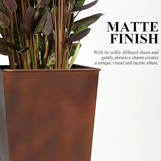Worth Garden 14" Dia x 18" H Large Metal Floor Planter Set of 2, Matte Bronze Retro Finish Tall Square Tapered Steel Plant Pots, Decor Flower Pot Indoor & Outdoor, Drainage Hole by GreenHaven Gardens