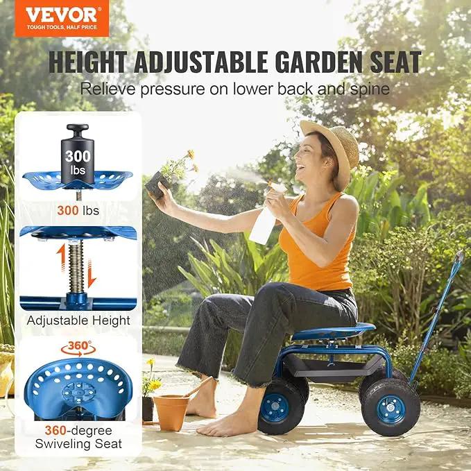 VEVOR Rolling Garden Work Seat with Wheels, Gardening Stool for Planting, 360 Degree Swivel Seat, Garden Scooter with Steering Handle & Tool Tray, Garden Chair for Outdoor, Patio and Yard, Blue by GreenHaven Gardens