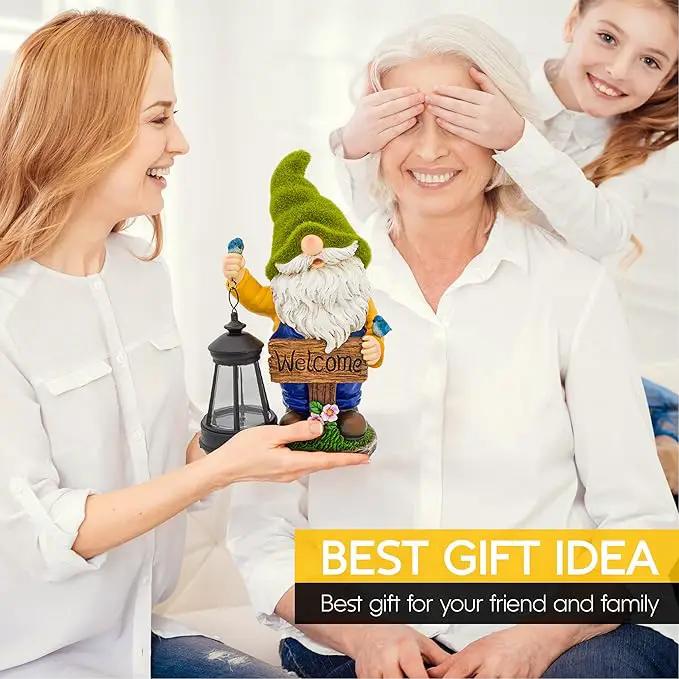 Garden Gnomes Outdoor - Flocked Gnome Statue Holding Lantern with Solar LED Lights | Gnomes Garden Decorations for Patio, Yard, Lawn Ornaments - Gnome Gifts by GreenHaven Gardens
