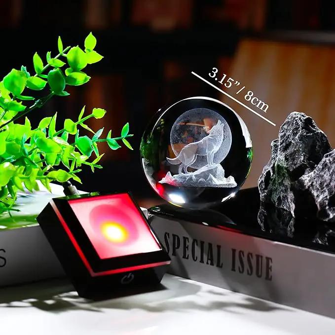 Qianwei Wolf Gifts: 3D Crystal Ball - 3.14'' Laser Decor Glass Animals Figurines Statue & Night Light by GreenHaven Gardens