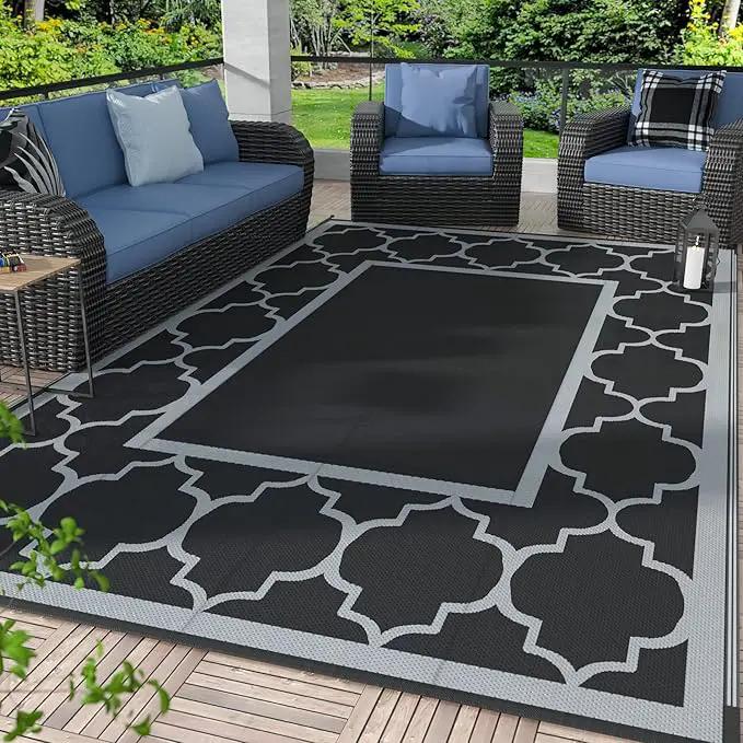 GENIMO Outdoor Rug 9' x 12' Waterproof for Patio Decor, Reversible Plastic Straw Area Rugs Mat for Camper, Outside Carpet for Camping, Rv, Deck, Porch, Picnic, Beach, Balcony, Black & Grey by GreenHaven Gardens