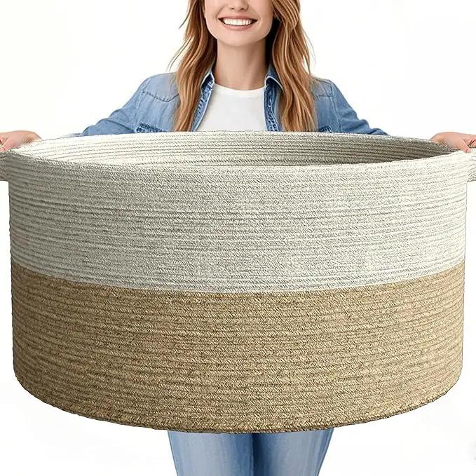 125L Extra Large Blanket Basket, 25" x 16", Jumbo Laundry Woven Baskets Decorative Home, Cotton Rope Basket with Handles, Baby Toy Baskets for Storage, White & Brown by GreenHaven Gardens