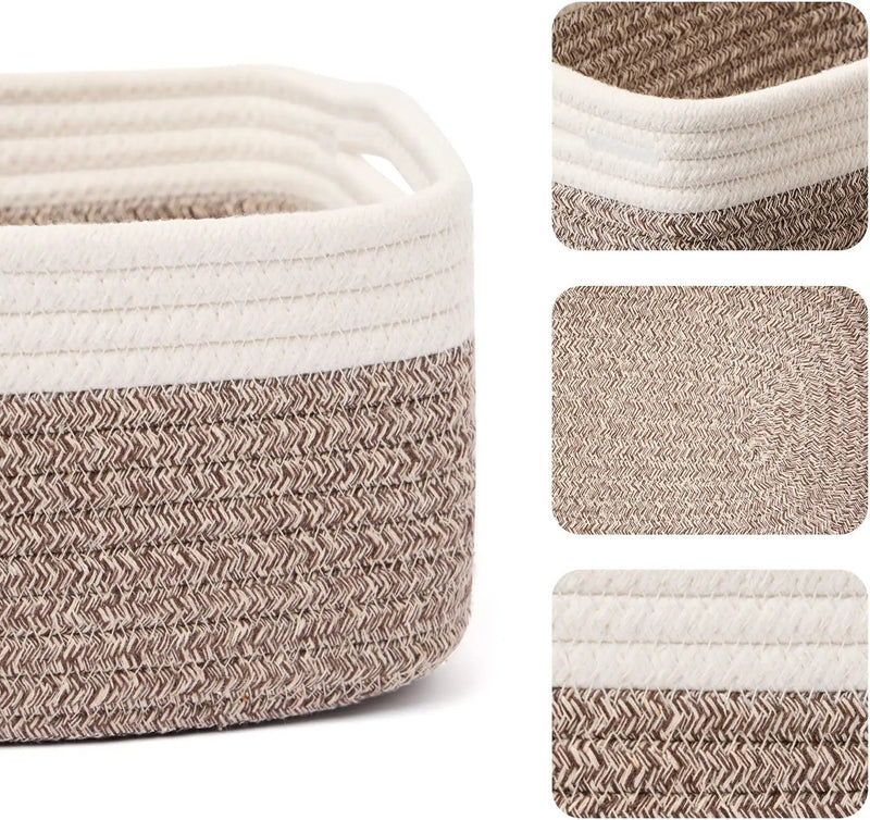 Small Storage Baskets for Organizing | Closet Organizer Bins | Shelf Toy Basket | Woven Rope Baskets | Cube Decorative Box | Shallow Basket | 13x8.5x5.1” | 4 Packs White Brown by GreenHaven Gardens