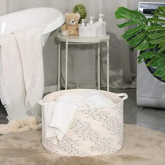 KAKAMAY Large Blanket Basket (20"x13"),Woven Baskets for storage Baby Laundry Hamper，Cotton Rope Blanket Basket for Living Room, Laundry, Nursery, Pillows, Off White with Blue & Brown Dotted Pattern by GreenHaven Gardens