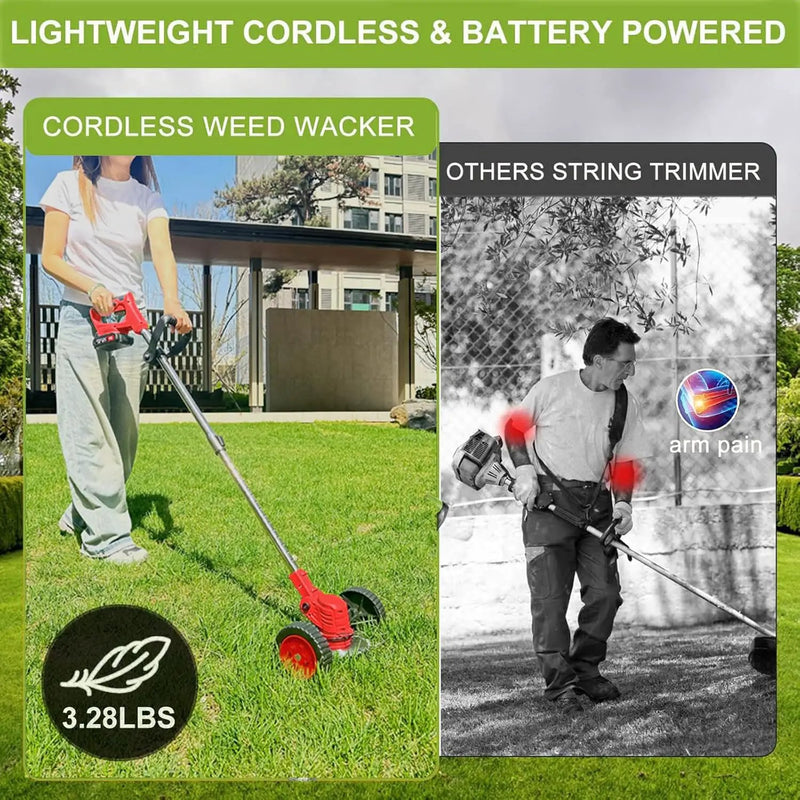 Cordless Weed Wacker Eater Battery Powered, 21V Electric Weed Trimmer with 2 Battery Operated & Charger & Wheels & Shears, 3 in 1 Lightweight No-String Grass Trimmer/Brush Cutter/Lawn Edger for Garden by GreenHaven Gardens