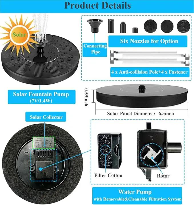 Solar Bird Bath Fountain Pump with 6 Nozzle and Anti-Collision Pole,1.4w Solar Powered Free Standing Floating Water Pump for Fish Tank, Pond, Pool, Garden and Outdoor by GreenHaven Gardens