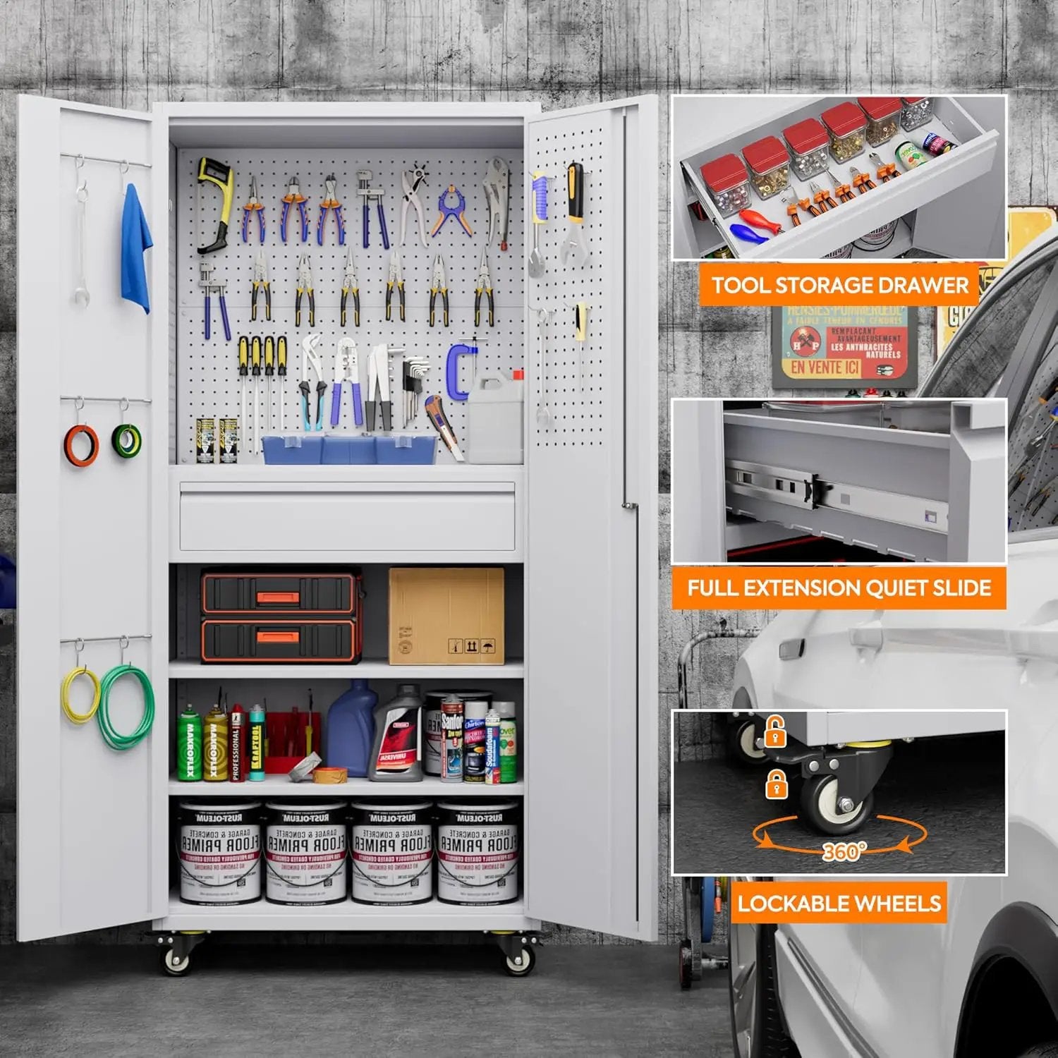 Aobabo Metal Storage Cabinet with Wheels and 1 Interior Drawer, Steel Rolling Tool Cabinet with 16 Hooks and 2 Adjustable Shelves for Garage, Home, Office, Kitchen Assembly Required, White by GreenHaven Gardens