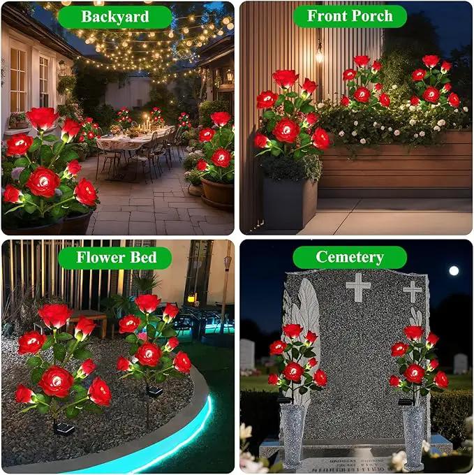 2 Pack Solar Garden Lights Outdoor, 7-Flower Rose LED Stake Light for Yard Patio Pathway Lawn Fence Cemetery, Red by GreenHaven Gardens