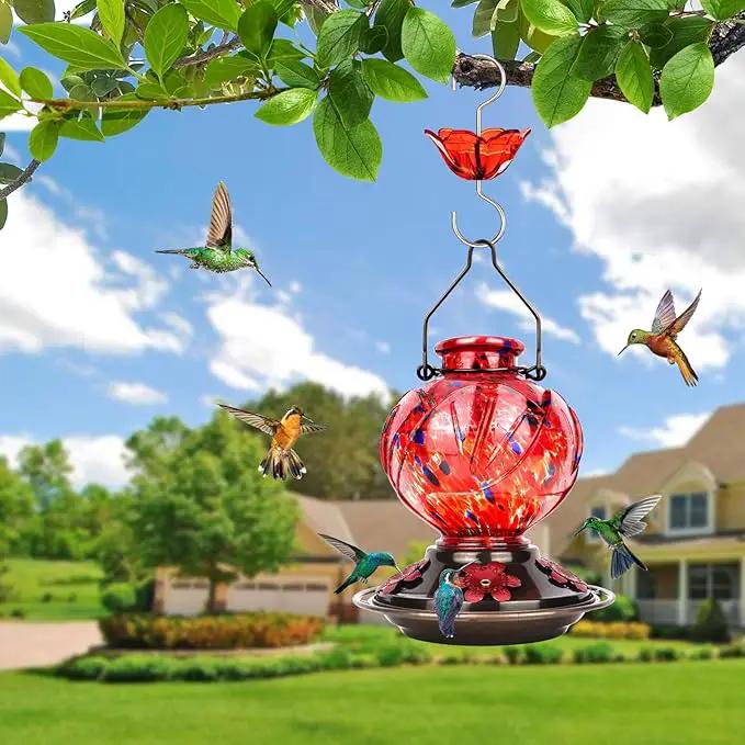 BOLITE Hummingbird Feeder, Hand Blown Glass Hummingbird Feeders for Outdoors Hanging, with Ant Moat and 5 Feeding Ports, 22 Ounces, Peony Flower Shape, Red, Gifts for Women Men, Gifts for Mom Dad by GreenHaven Gardens