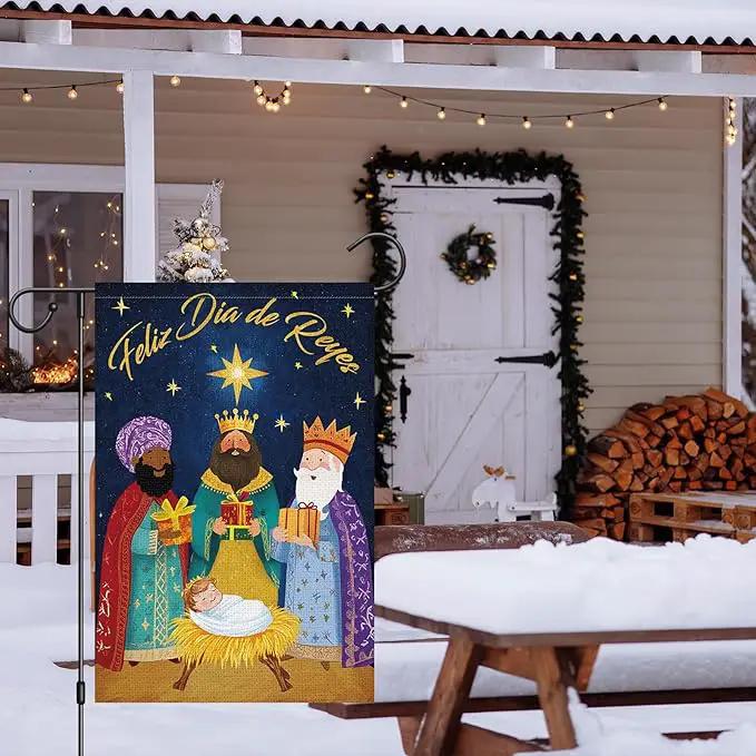 Heyfibro Feliz Dia De Reyes Garden Flag Three Kings Christmas Flags 12 x 18 Inch Double Sided Burlap,Nativity Christ Yard Banner for Xmas Winter Farmhouse Seasonal Decor(ONLY FLAG) by GreenHaven Gardens