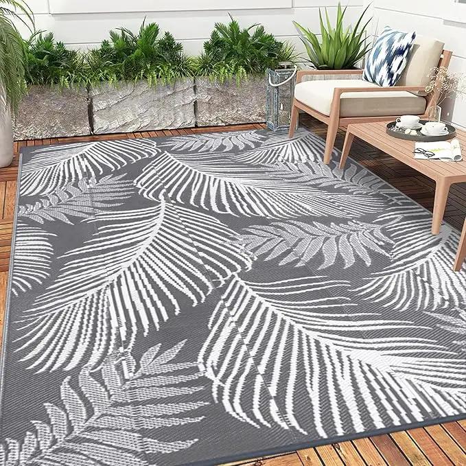 Pauwer Waterproof Outdoor Rug 9x12, Reversible Plastic Straw Patio Camping Rug, Indoor Outdoor RV Mat Carpet for Deck, Camper, Porch, Balcony, Backyard, Picnic, Leaf Grey by GreenHaven Gardens