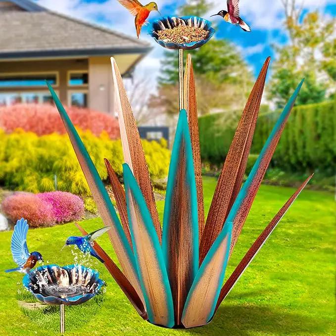 Large Tequila Rustic Sculpture, Rustic Metal Agave Plants for Outdoor, Home Decor Garden Yard Statue (Blue - L (W/Bird Feeder)) by GreenHaven Gardens