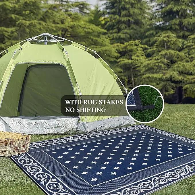 Pauwer Waterproof Outdoor Rug 8x10, Reversible Plastic Straw Patio Camping Rug, Indoor Outdoor RV Mat Carpet for Deck, Camper, Porch, Balcony, Backyard, Picnic, Bordered Navy by GreenHaven Gardens