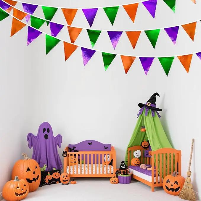 Halloween Party Decorations Metallic Fabric Green Orange Purple Triangle Pennant Banner Flag Bunting for Trick or Treat Spooky Hey Boo Happy Halloween Holiday Birthday Baby Shower Party Supplies by GreenHaven Gardens