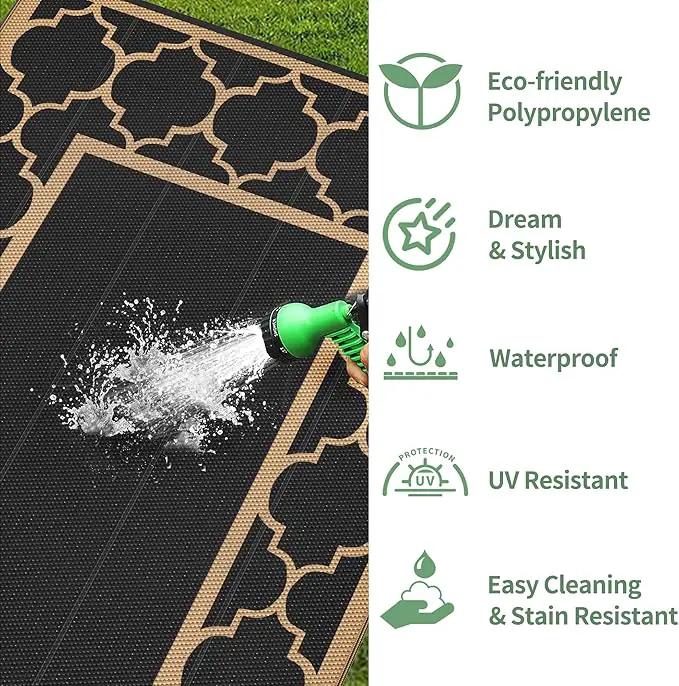 GENIMO 10 ' x 14 ' Outdoor Rug Waterproof for Patio Decor, Foldable Reversible Plastic Straw Area Rugs Mat for Camper, Outside Carpet for Rv, Deck, Porch, Picnic, Beach, Balcony, Black & Brown by GreenHaven Gardens