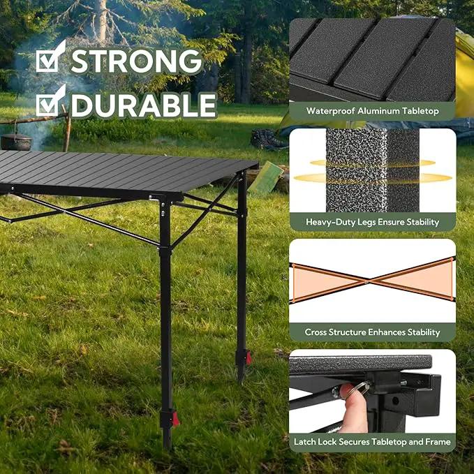 Portable Outdoor Adjustable Height Camping Table, Large for 2-6 Person, Foldable Roll-up Aluminum Camp Table with Carry Bag for Picnic, Camp, Sturdy, Stable, Loads 220 Lbs (Black) by GreenHaven Gardens