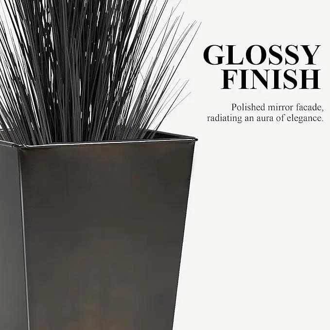 WORTH Garden 28" Large Metal Glazed Planter Set of 2, Luxurious Glossy Finish Black Tall Square Tapered Steel Plant Pots, Decor Flower Pot Indoor & Outdoor, Drainage Hole & Dual-Purpose Plant Saucer by GreenHaven Gardens