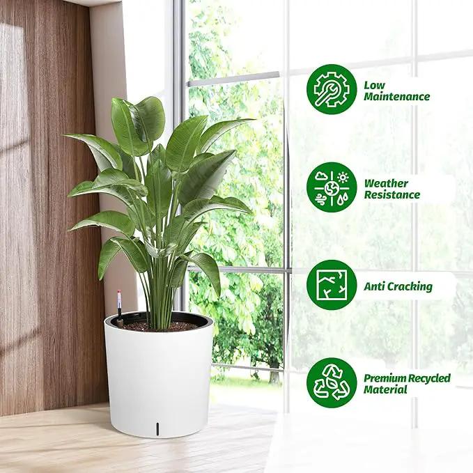 Tall Round Planter Set of 2, 19.5‘’ H x 19.9" Dia Large Planters for Indoor Plants with Built-in Drainage and a Water Level Monitor and Wheels for Patio, Porch, Living Room, or Home Office, White by GreenHaven Gardens