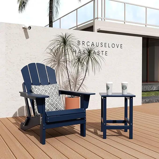 WO Home Furniture Adirondack Chair Table Set of 2 PCS Outdoor Folding Chair w Side Table Weather/UV Resistant for Lawn, Garden, Bon Fire, Balcony (Navy Blue) by GreenHaven Gardens
