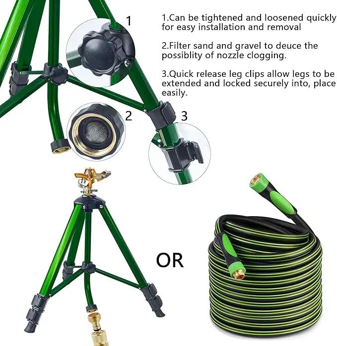Impact Sprinkler on Tripod Base, Heavy Duty Adjustable Zinc Sprinkler Head for Lawn Yard Garden, 360 Degree Large Area Irrigation, 3/4" Connector Extension Legs Flip Locks by GreenHaven Gardens