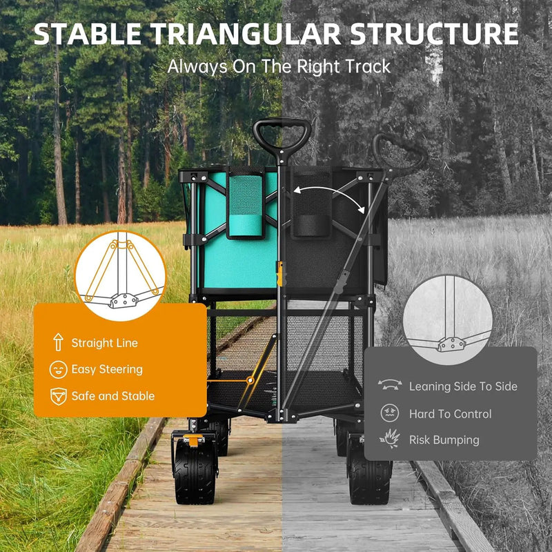 Foldable 50''L Extra Long Double Decker Wagon for Sport, 400L Collapsible Heavy Duty Wagon Cart with Big Wheels, Utility All-Terrain Large Extender Cart for Outdoors, Light Blue by GreenHaven Gardens