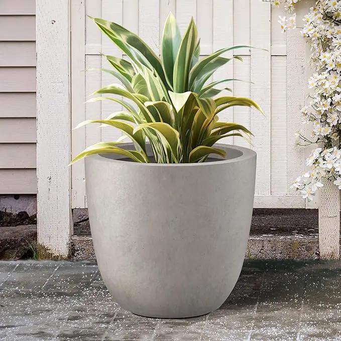 Kante 18 Inch Diameter Round Concrete Planter, Indoor Outdoor Large Plant Pot with Drainage Hole and Rubber Plug for Home Patio Garden, Buff Concrete by GreenHaven Gardens