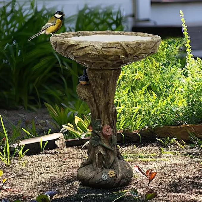 SunJet 25.5 Inch Heigh Wood-Look Concrete Bird Bath with Decorative Faux Bird – birdbath Rustic & Long-Lasting Design, Enhances Garden, Patio, Yard, Lawn Décor by GreenHaven Gardens