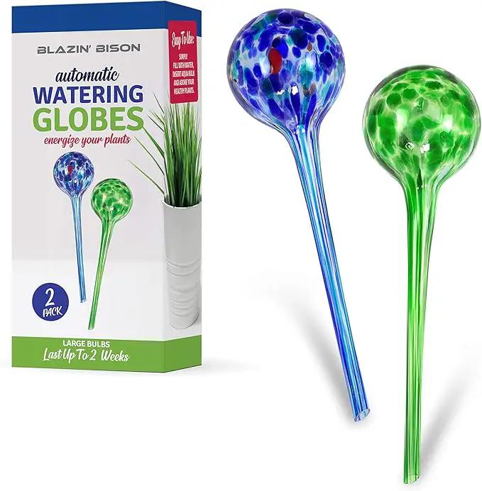 Blazin' Bison Self Watering Bulbs for Plants | Automatic Vacation House Plant Water Globes | Decorative Hand-Blown Glass Aqua Globe | 2pc Deluxe Set (Large) by GreenHaven Gardens