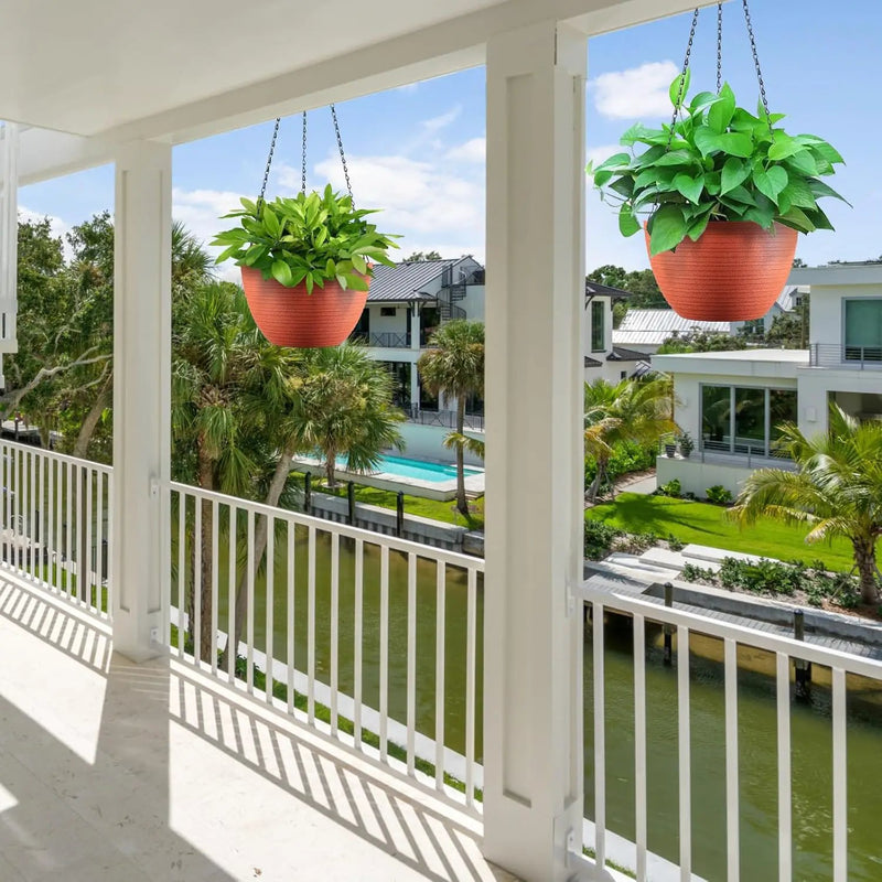 Hanging Planters for Indoor Outdoor Plants, Set of 2 Self Watering Hanging Pots with Drainage Hole & Plug and 20" Chain & Hooks by GreenHaven Gardens
