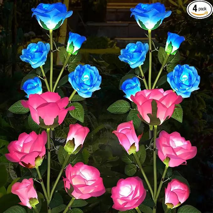 Solar Garden Lights, Solar Outdoor Lights with More Realistic 20 Rose Waterproof Solar Powered Flowers Lights for Outside Patio Yard Pathway Decorations, Blue and Pink by GreenHaven Gardens
