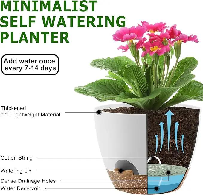 Plant Pots 10/9/8 Inch Self Watering Pots, Set of 3 Plastic Planters with Drainage Holes and Saucers,Plastic Flower Pots,Nursery Planting Pot for Indoor Out Door Plants（White） by GreenHaven Gardens