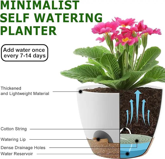 Plant Pots 10/9/8/7.5/7 Inch Self Watering Pots, Set of 5 Plastic Planters with Drainage Holes and Saucers,Plastic Flower Pots,Nursery Planting Pot for Indoor Out Door Plants（White） by GreenHaven Gardens