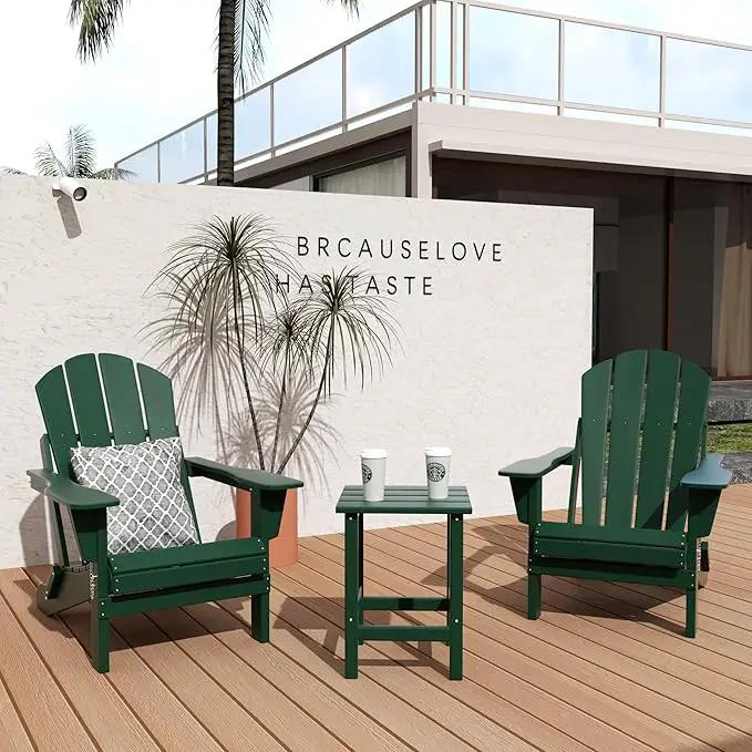 WO Home Furniture Adirondack Chairs Table Set of 3 PCS Outdoor Folding Chairs Side End Table Weather/UV Resistant for Lawn, Garden, Bon Fire, Balcony (Dark Green) by GreenHaven Gardens