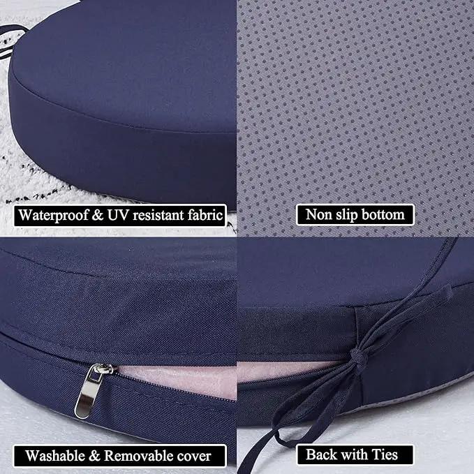 15 x 15 Inch Round Cushions for Outdoor Furniture Non-Slip Waterproof Patio Bistro Chair Cushion with Ties Bar Stool Seat Cushion for Kitchen Chairs Set of 2, Navy Blue by GreenHaven Gardens