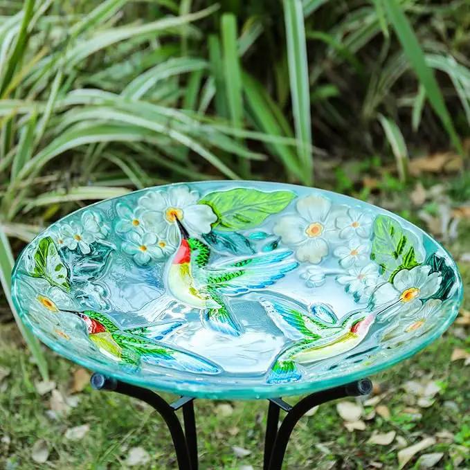VCUTEKA 18" Outdoor Glass Birdbath with Sturdy Metal Stand for Lawn, Yard, or Garden Decor Bird Lovers Gift, Hummingbird Bird Bath Detachable, 22" Height by GreenHaven Gardens